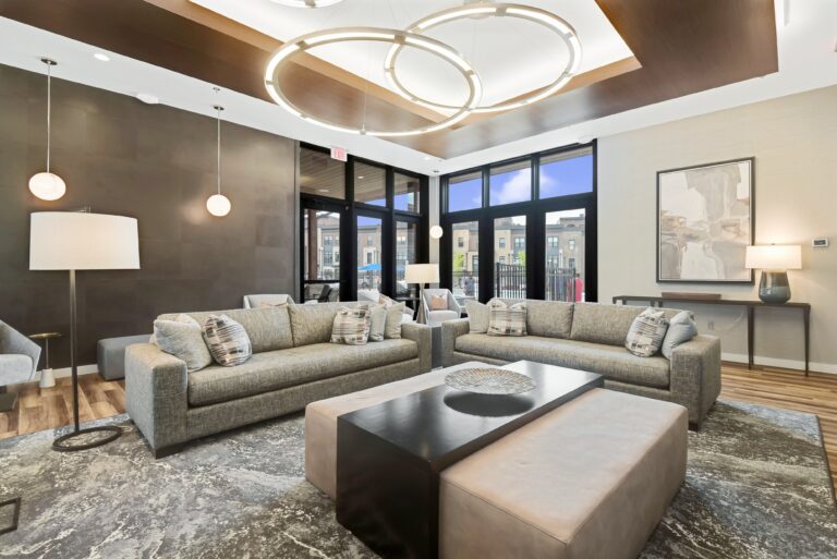 Completed community lounge interior at Tower Oaks Clubhouse in Rockville, Maryland